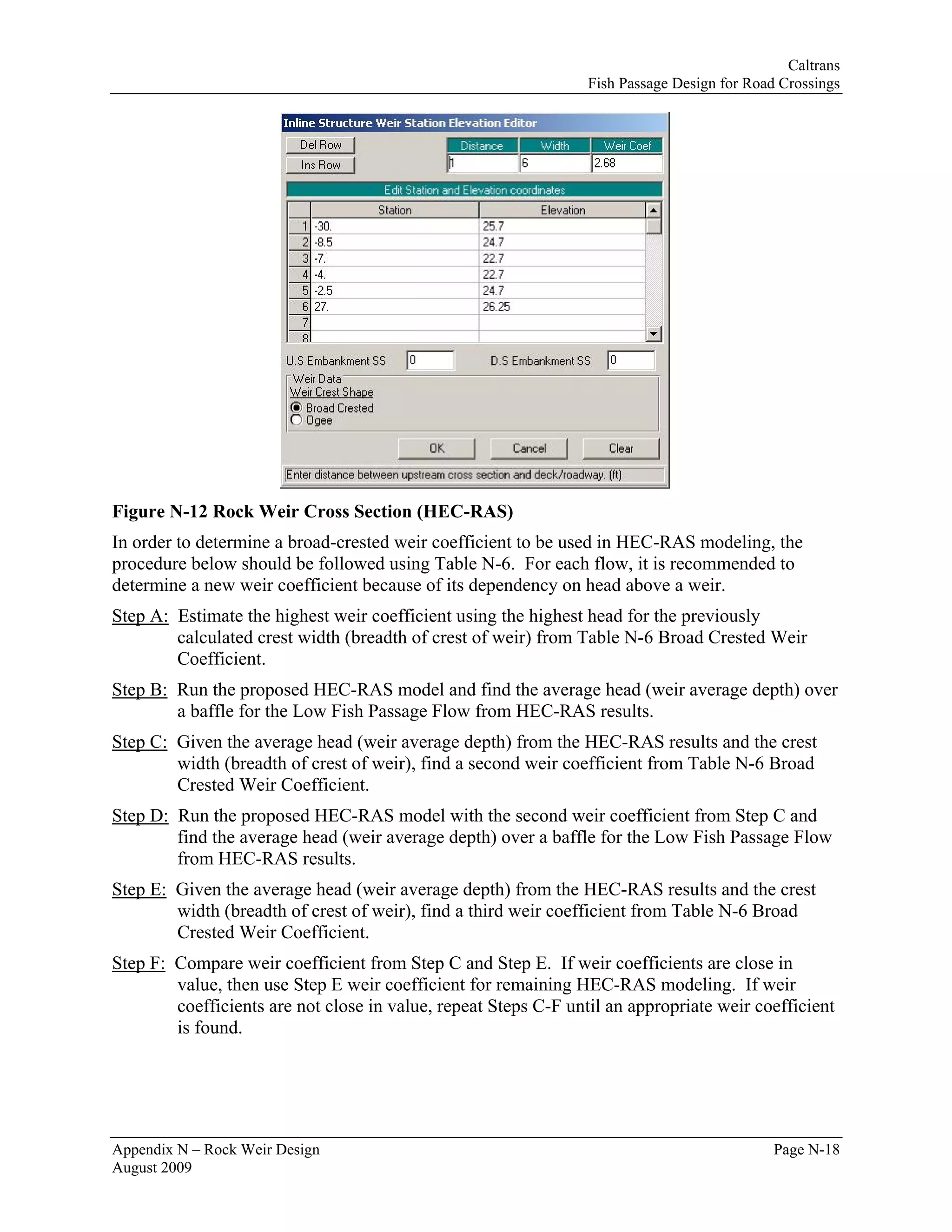 Caltrans
                                                                 Fish Passage Design for Road Crossings




Figure N-12 Rock Weir Cross Section (HEC-RAS)
In order to determine a broad-crested weir coefficient to be used in HEC-RAS modeling, the
procedure below should be followed using Table N-6. For each flow, it is recommended to
determine a new weir coefficient because of its dependency on head above a weir.
Step A: Estimate the highest weir coefficient using the highest head for the previously
        calculated crest width (breadth of crest of weir) from Table N-6 Broad Crested Weir
        Coefficient.
Step B: Run the proposed HEC-RAS model and find the average head (weir average depth) over
        a baffle for the Low Fish Passage Flow from HEC-RAS results.
Step C: Given the average head (weir average depth) from the HEC-RAS results and the crest
        width (breadth of crest of weir), find a second weir coefficient from Table N-6 Broad
        Crested Weir Coefficient.
Step D: Run the proposed HEC-RAS model with the second weir coefficient from Step C and
        find the average head (weir average depth) over a baffle for the Low Fish Passage Flow
        from HEC-RAS results.
Step E: Given the average head (weir average depth) from the HEC-RAS results and the crest
        width (breadth of crest of weir), find a third weir coefficient from Table N-6 Broad
        Crested Weir Coefficient.
Step F: Compare weir coefficient from Step C and Step E. If weir coefficients are close in
        value, then use Step E weir coefficient for remaining HEC-RAS modeling. If weir
        coefficients are not close in value, repeat Steps C-F until an appropriate weir coefficient
        is found.




Appendix N – Rock Weir Design                                                                Page N-18
August 2009
 