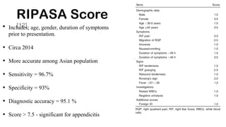 RIPASA Score
[12]
• Includes; age, gender, duration of symptoms
prior to presentation.
• Circa 2014
• More accurate among Asian population
• Sensitivity = 96.7%
• Specificity = 93%
• Diagnostic accuracy = 95.1 %
• Score > 7.5 - significant for appendicitis
 