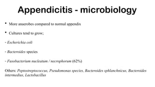 Appendicitis - microbiology
• More anaerobes compared to normal appendix
• Cultures tend to grow;
- Escherichia coli
- Bacteroides species
- Fusobacterium nucleatum / necrophorum (62%)
Others: Peptostreptococcus, Pseudomonas species, Bacteroides sphlanchnicus, Bacteroides
intermedius, Lactobacillus
 