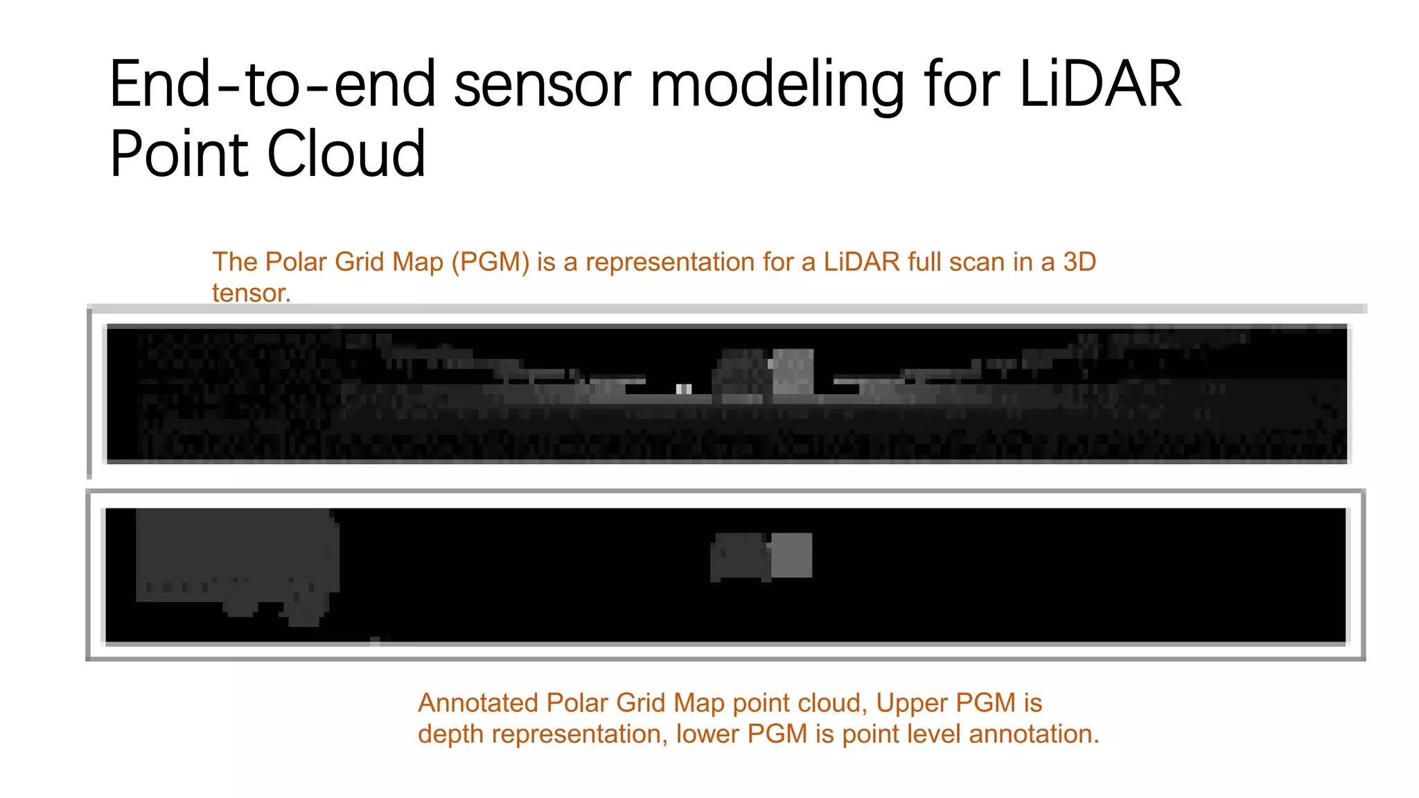 End-to-end sensor modeling for LiDAR
Point Cloud
Annotated Polar Grid Map point cloud, Upper PGM is
depth representation, lower PGM is point level annotation.
The Polar Grid Map (PGM) is a representation for a LiDAR full scan in a 3D
tensor.
 