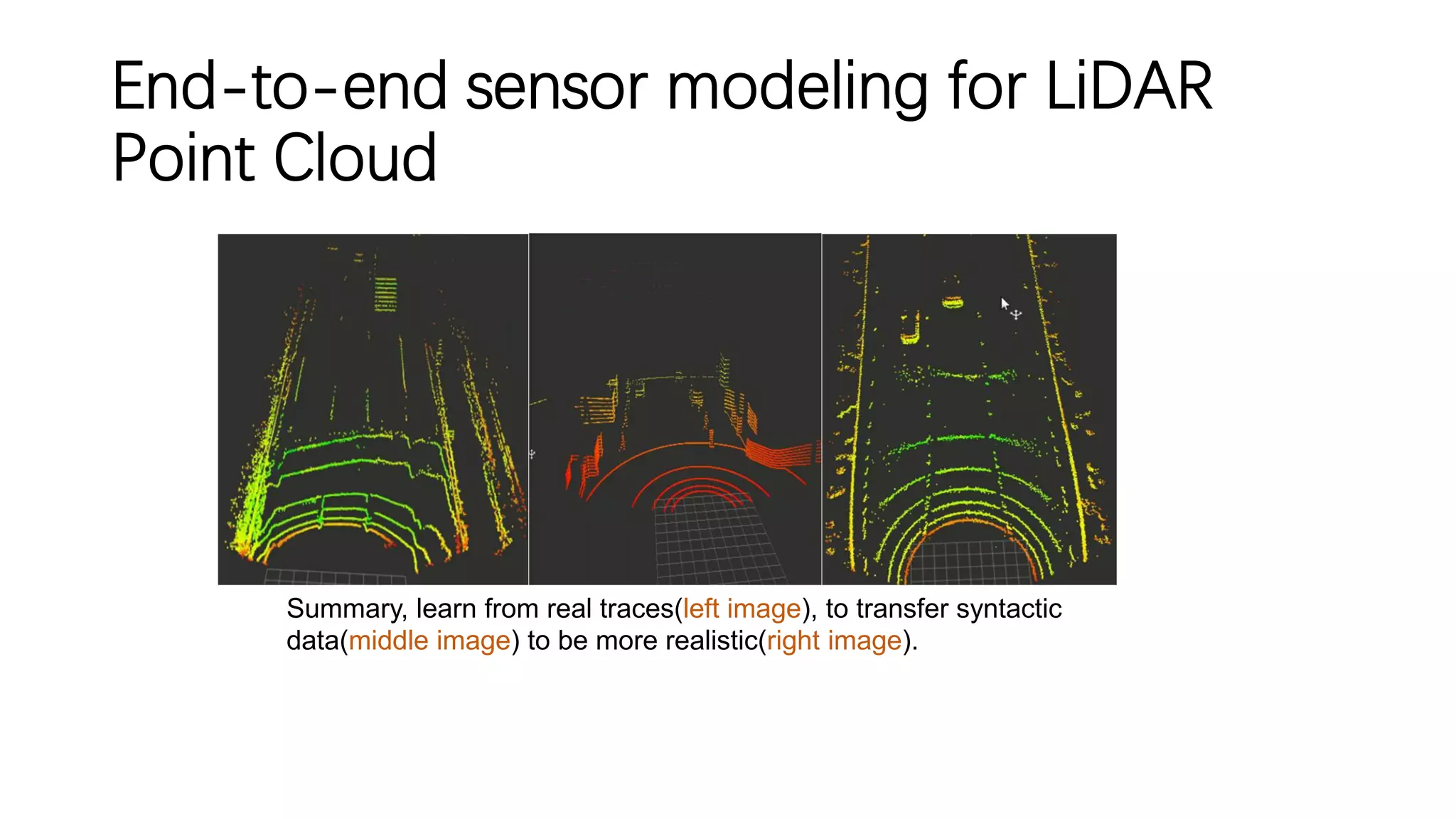 End-to-end sensor modeling for LiDAR
Point Cloud
Summary, learn from real traces(left image), to transfer syntactic
data(middle image) to be more realistic(right image).
 
