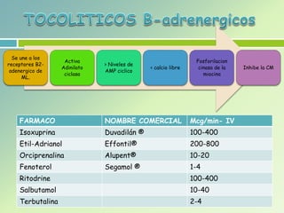 FARMACO NOMBRE COMERCIAL Mcg/min- IV
Isoxuprina Duvadilán ® 100-400
Etil-Adrianol Effontil® 200-800
Orciprenalina Alupent® 10-20
Fenoterol Segamol ® 1-4
Ritodrine 100-400
Salbutamol 10-40
Terbutalina 2-4
Se une a los
receptores B2-
adenergico de
ML.
Activa
Adinilato
ciclasa
> Niveles de
AMP ciclico
< calcio libre
Fosforilacion
cinasa de la
miocina
Inhibe la CM
 