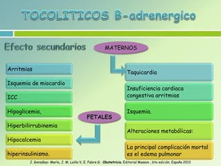 Arritmias
Isquemia de miocardio
ICC
Hipoglicemia,
Hiperbilirrubinemia
Hipocalcemia
hiperinsulinismo.
Taquicardia
Insuficiencia cardiaca
congestiva arritmias
Isquemia.
Alteraciones metabólicas:
La principal complicación mortal
es el edema pulmonar
J. Gonzáles- Merlo, J. M. Lailla V, E. Fabre G. Obstetricia. Editorial Masson , 6ta edición. España 2013
 
