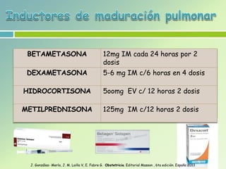 BETAMETASONA 12mg IM cada 24 horas por 2
dosis
DEXAMETASONA 5-6 mg IM c/6 horas en 4 dosis
HIDROCORTISONA 5oomg EV c/ 12 horas 2 dosis
METILPREDNISONA 125mg IM c/12 horas 2 dosis
J. Gonzáles- Merlo, J. M. Lailla V, E. Fabre G. Obstetricia. Editorial Masson , 6ta edición. España 2013
 