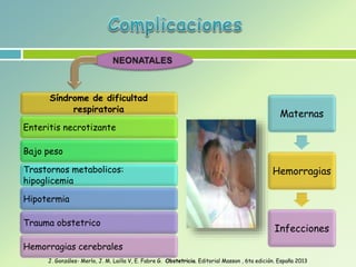 Síndrome de dificultad
respiratoria
Enteritis necrotizante
Bajo peso
Trastornos metabolicos:
hipoglicemia
Hipotermia
Trauma obstetrico
Hemorragias cerebrales
Maternas
Hemorragias
Infecciones
J. Gonzáles- Merlo, J. M. Lailla V, E. Fabre G. Obstetricia. Editorial Masson , 6ta edición. España 2013
 