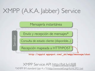 XMPP (A.K.A. Jabber) Service
Mensajería instantánea
Servidor
Envío y recepción de mensajes*
Consulta de estado cliente (disponible...)
http://www.ietf.org/rfc/rfc3921.txt*XMPP IM standard (pp 4 y 5)
XMPP Service API http://bit.ly/clIjJ8
Recepción mapeada a HTTP/POST
http://appid.appspot.com/_ah/xmpp/message/chat
 