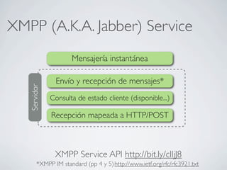 XMPP (A.K.A. Jabber) Service
Mensajería instantánea
Servidor
Envío y recepción de mensajes*
Consulta de estado cliente (disponible...)
http://www.ietf.org/rfc/rfc3921.txt*XMPP IM standard (pp 4 y 5)
XMPP Service API http://bit.ly/clIjJ8
Recepción mapeada a HTTP/POST
 