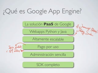 ¿Qué es Google App Engine?
y Javascript (Rhino),JRuby,Scala...
La solución PaaS de Google
Webapps Python y Java
Altamente escalable
Pago por uso
SDK completo
Administración sencilla
Inicio gratuito
< 5M visitas/mes
 