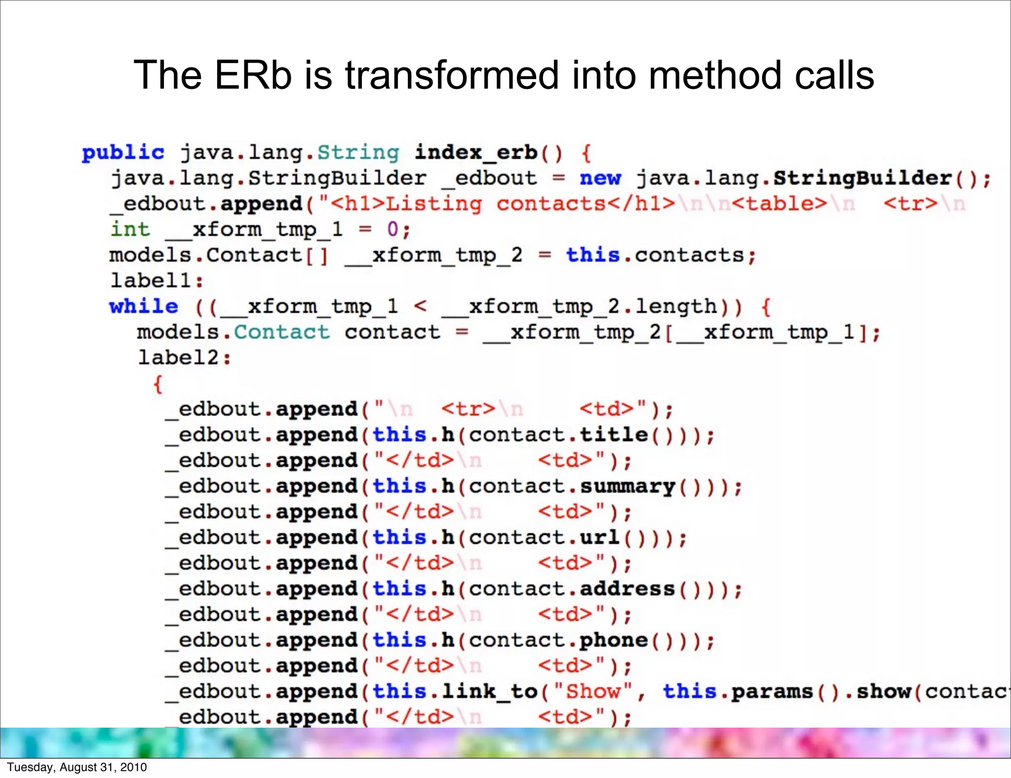 The ERb is transformed into method calls




Tuesday, August 31, 2010
 