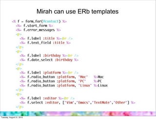 Mirah can use ERb templates




Tuesday, August 31, 2010
 