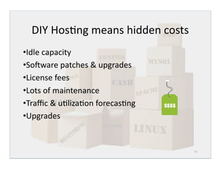 DIY Hos<ng means hidden costs 
• Idle capacity 
• So>ware patches & upgrades 
• License fees 
• Lots of maintenance 
• Traﬃc & u<liza<on forecas<ng 
• Upgrades 


                                   18
 