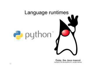 Language runtimes




                  Duke, the Java mascot
                Copyright © Sun Microsystems Inc., all rights reserved.
22
 