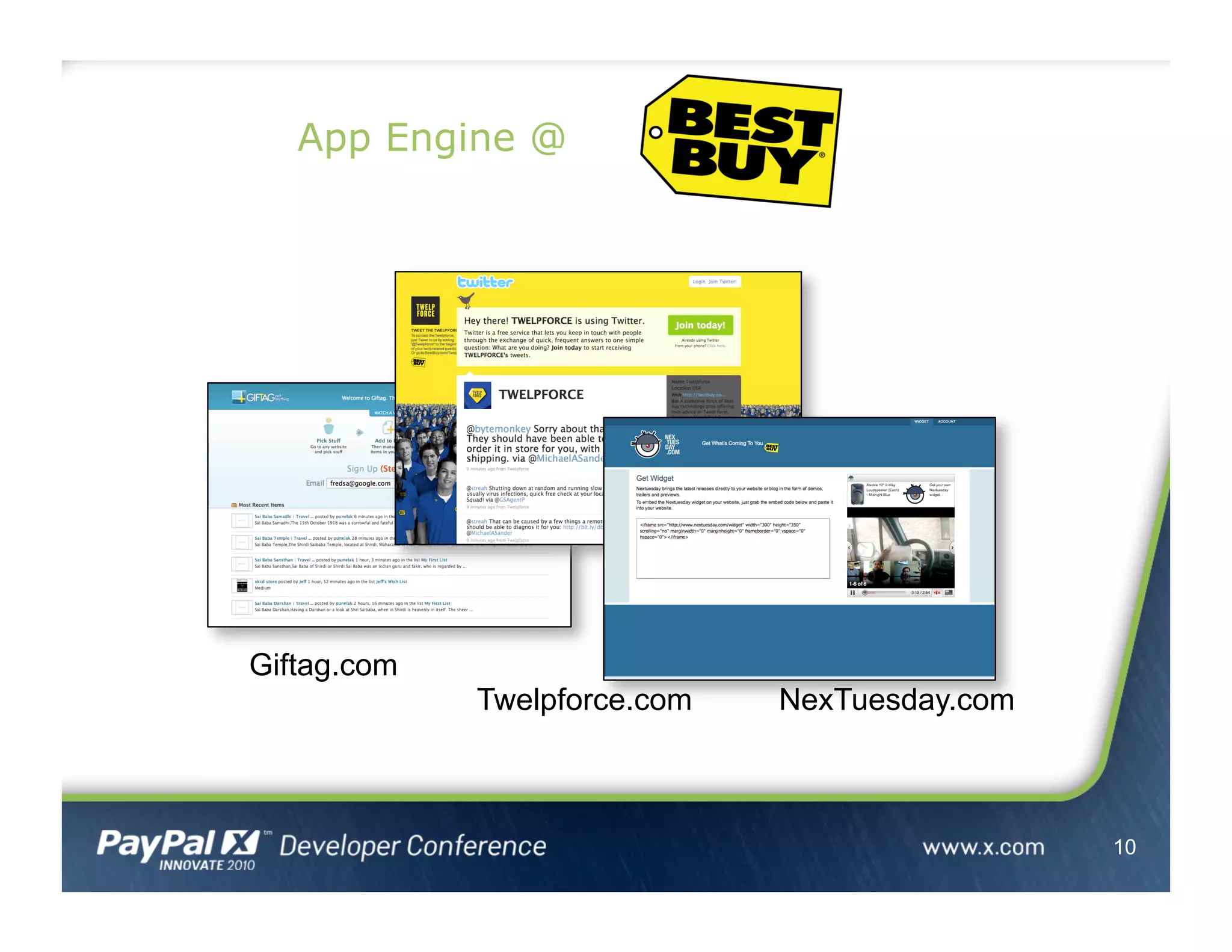 10
App Engine @
Giftag.com
NexTuesday.comTwelpforce.com
 
