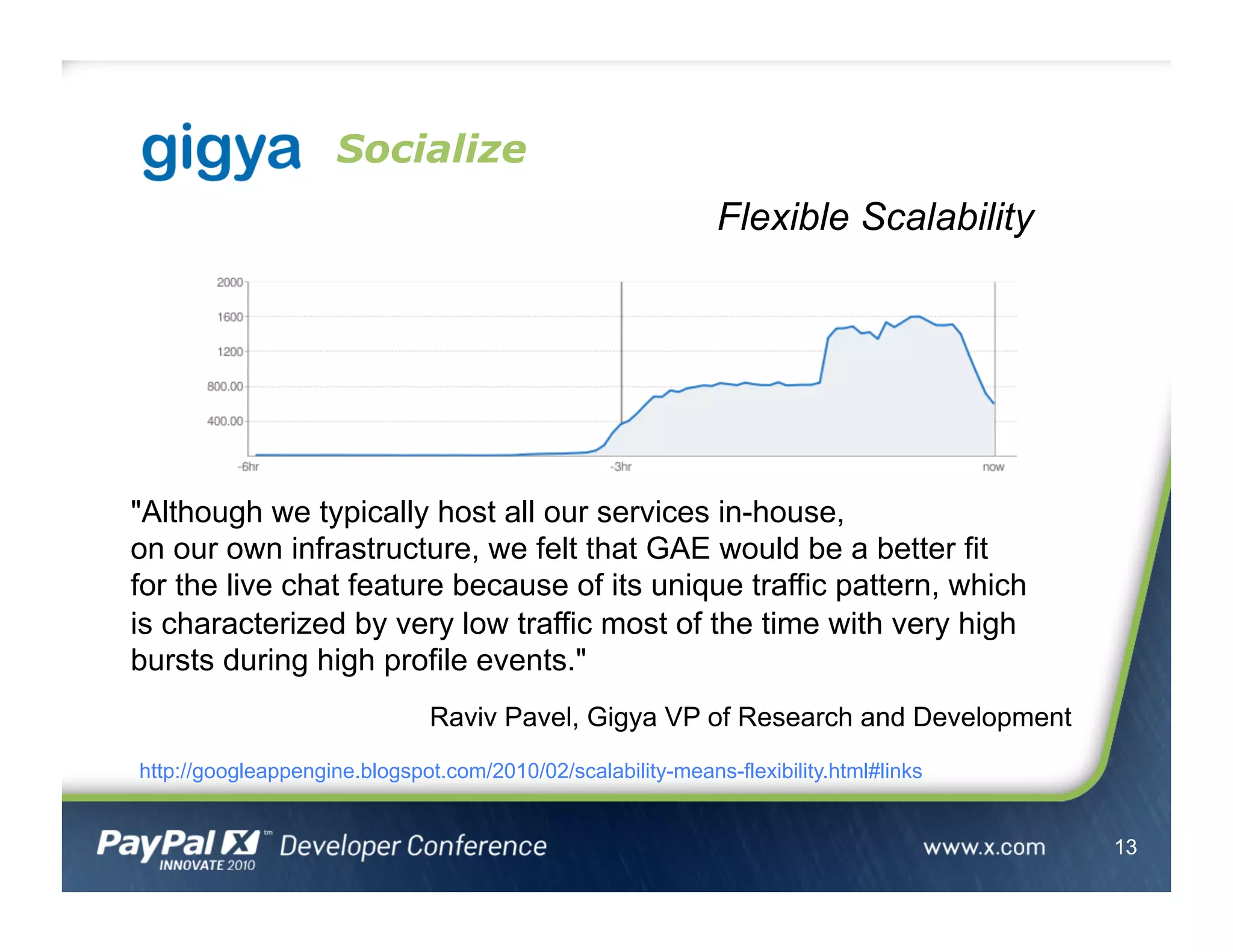 gigy Socialize
13
"Although we typically host all our services in-house,
on our own infrastructure, we felt that GAE would be a better fit
for the live chat feature because of its unique traffic pattern, which
is characterized by very low traffic most of the time with very high
bursts during high profile events."
Raviv Pavel, Gigya VP of Research and Development
http://googleappengine.blogspot.com/2010/02/scalability-means-flexibility.html#links
Flexible Scalability
 