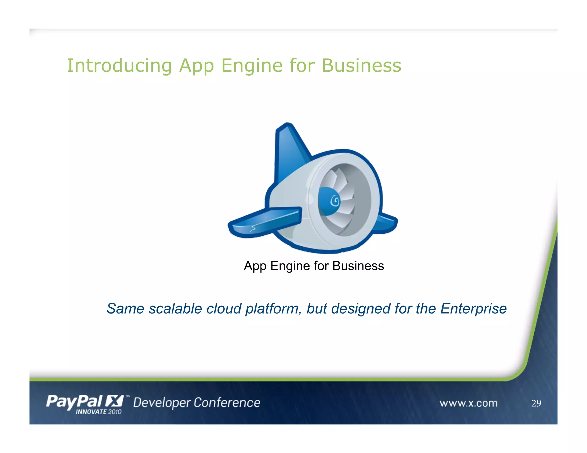 Introducing App Engine for Business
29
Same scalable cloud platform, but designed for the Enterprise
App Engine for Business
 