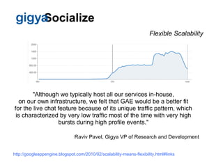 gigy Socialize
                                                                      Flexible Scalability




        "Although we typically host all our services in-house,
  on our own infrastructure, we felt that GAE would be a better fit
for the live chat feature because of its unique traffic pattern, which
 is characterized by very low traffic most of the time with very high
                  bursts during high profile events."

                               Raviv Pavel, Gigya VP of Research and Development


http://googleappengine.blogspot.com/2010/02/scalability-means-flexibility.html#links
 