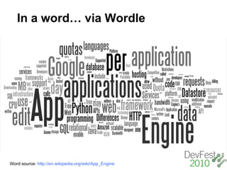 In a word… via Wordle




Word source: http://en.wikipedia.org/wiki/App_Engine
 