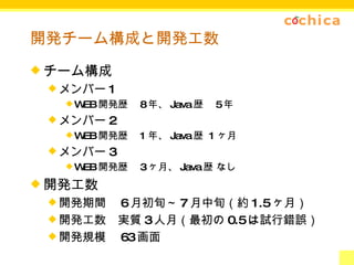 開発チーム構成と開発工数 チーム構成 メンバー1 WEB開発歴　8年、Java歴　5年 メンバー2 WEB開発歴　1年、Java歴 1ヶ月 メンバー3 WEB開発歴　3ヶ月、Java歴 なし 開発工数 開発期間　6月初旬～7月中旬（約1.5ヶ月） 開発工数　実質3人月（最初の0.5は試行錯誤） 開発規模　63画面 