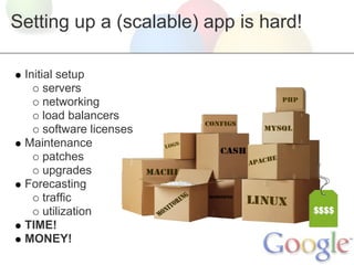 Setting up a (scalable) app is hard!

 Initial setup
      servers
      networking
      load balancers
      software licenses
 Maintenance
      patches
      upgrades
 Forecasting
      traffic
      utilization
 TIME!
 MONEY!
 