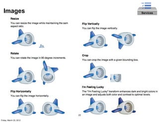 Images                      Services




                         22

Friday, March 23, 2012
 