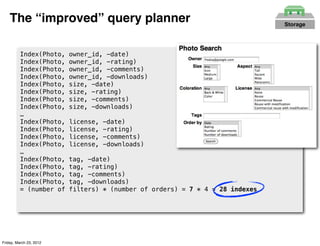 The “improved” query planner                                              Storage




          Index(Photo,   owner_id, -date)
          Index(Photo,   owner_id, -rating)
          Index(Photo,   owner_id, -comments)
          Index(Photo,   owner_id, -downloads)
          Index(Photo,   size, -date)
          Index(Photo,   size, -rating)
          Index(Photo,   size, -comments)
          Index(Photo,   size, -downloads)
          …
          Index(Photo,   license,   -date)
          Index(Photo,   license,   -rating)
          Index(Photo,   license,   -comments)
          Index(Photo,   license,   -downloads)
          …
          Index(Photo,   tag, -date)
          Index(Photo,   tag, -rating)
          Index(Photo,   tag, -comments)
          Index(Photo,   tag, -downloads)
          = (number of   filters) * (number of orders) = 7 * 4 = 28 indexes




Friday, March 23, 2012
 