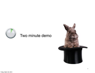 Two minute demo




                                           4


Friday, March 23, 2012
 