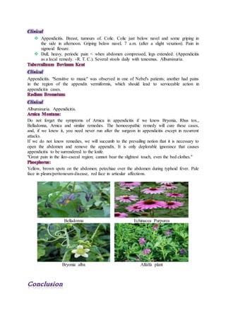 Clinical
 Appendicitis. Breast, tumours of. Colic. Colic just below navel and some griping in
the side in afternoon. Griping below navel, 7 a.m. (after a slight vexation). Pain in
sigmoid flexure.
 Dull, heavy, periodic pain < when abdomen compressed, legs extended. (Appendicitis
as a local remedy. -R. T. C.). Several stools daily with tenesmus. Albuminuria.
Clinical
Appendicitis. "Sensitive to music" was observed in one of Nebel's patients; another had pains
in the region of the appendix vermiformis, which should lead to serviceable action in
appendicitis cases.
Clinical
Albuminuria. Appendicitis.
Do not forget the symptoms of Arnica in appendicitis if we know Bryonia, Rhus tox.,
Belladonna, Arnica and similar remedies. The homoeopathic remedy will cure these cases,
and, if we know it, you need never run after the surgeon in appendicitis except in recurrent
attacks.
If we do not know remedies, we will succumb to the prevailing notion that it is necessary to
open the abdomen and remove the appendix. It is only deplorable ignorance that causes
appendicitis to be surrendered to the knife.
"Great pain in the ileo-caecal region; cannot bear the slightest touch, even the bed clothes."
Yellow, brown spots on the abdomen; petechiae over the abdomen during typhoid fever. Pale
face in pleura/peritoneum-disease, red face in articular affections.
Belladonna Echinacea Purpurea
Bryonia alba Alfalfa plant
 