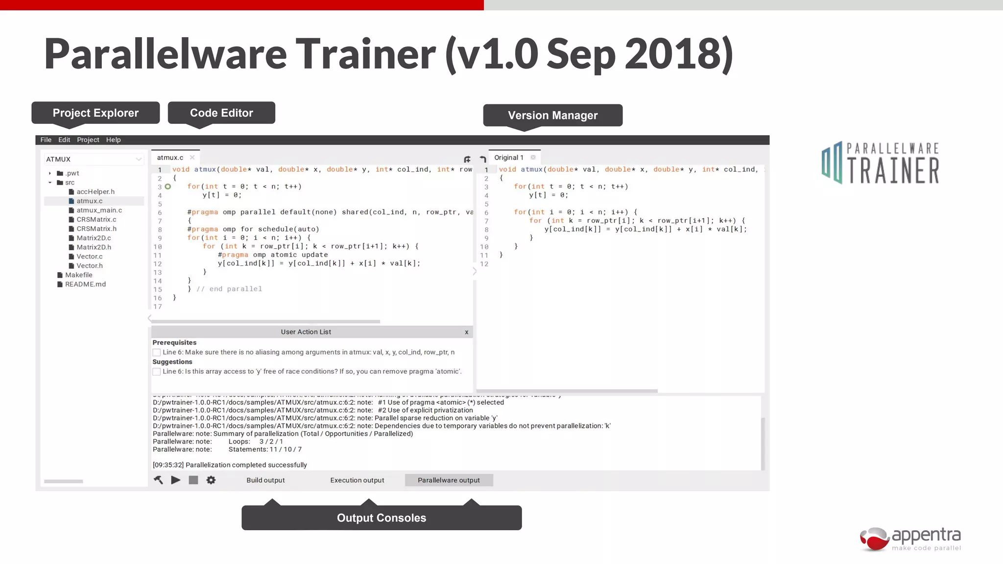 Parallelware Trainer (v1.0 Sep 2018)
Project Explorer Code Editor Version Manager
Output Consoles
 