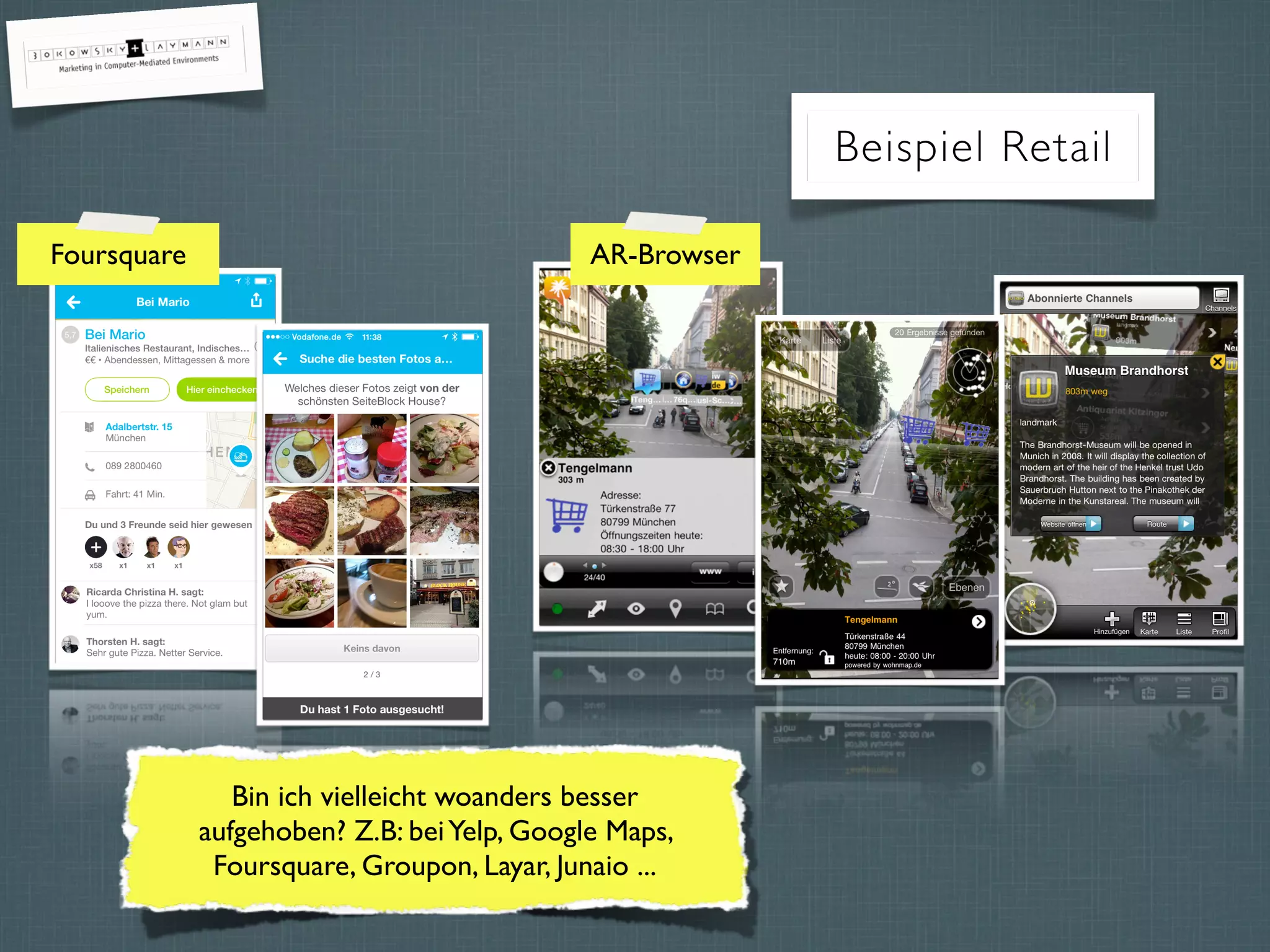 Beispiel Retail
Foursquare AR-Browser
Bin ich vielleicht woanders besser
aufgehoben? Z.B: beiYelp, Google Maps,
Foursquare, Groupon, Layar, Junaio ...
 