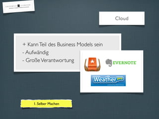 + KannTeil des Business Models sein
- Aufwändig
- GroßeVerantwortung
Cloud
1. Selber Machen
 