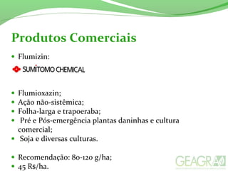 • Flumizin:
• Flumioxazin;
• Ação não-sistêmica;
• Folha-larga e trapoeraba;
• Pré e Pós-emergência plantas daninhas e cultura
comercial;
• Soja e diversas culturas.
• Recomendação: 80-120 g/ha;
• 45 R$/ha.
Produtos Comerciais
 