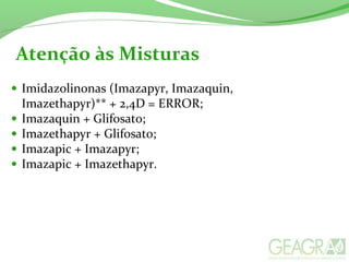 Atenção às Misturas
• Imidazolinonas (Imazapyr, Imazaquin,
Imazethapyr)** + 2,4D = ERROR;
• Imazaquin + Glifosato;
• Imazethapyr + Glifosato;
• Imazapic + Imazapyr;
• Imazapic + Imazethapyr.
 