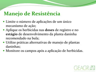 Manejo de Resistência
• Limite o número de aplicações de um único
mecanismo de ação;
• Aplique os herbicidas nas doses de registro e no
estágio de desenvolvimento da planta daninha
recomendado na bula;
• Utilize práticas alternativas de manejo de plantas
daninhas;
• Monitore os campos após a aplicação de herbicidas.
 