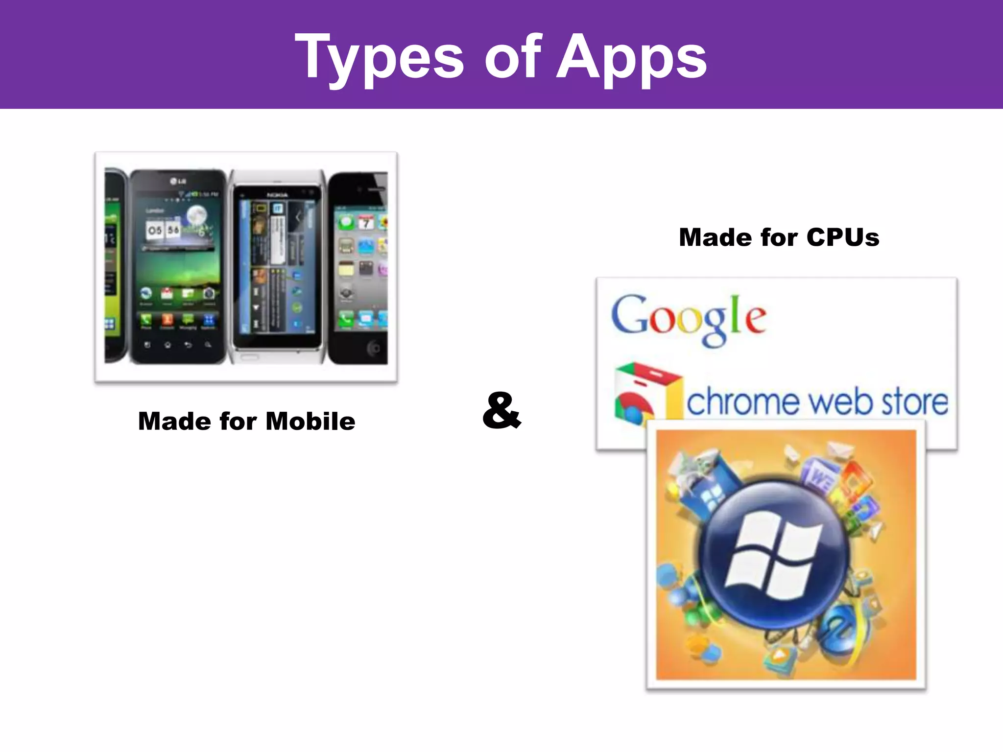 Types of Apps

                      Made for CPUs




Made for Mobile   &
 