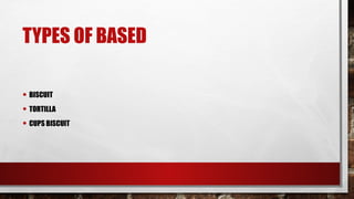 TYPES OF BASED
• BISCUIT
• TORTILLA
• CUPS BISCUIT
 