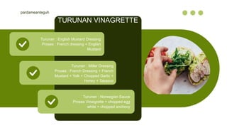 TURUNAN VINAGRETTE
pardameanteguh
Turunan : English Mustard Dressing
Proses : French dressing + English
Mustard
Turunan : Miller Dressing
Proses : French Dressing + French
Mustard + Yolk + Chopped Garlic +
Honey + Tabasco
Turunan : Norwegian Sauce
Proses Vinaigrette + chopped egg
white + chopped anchovy
 