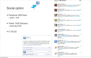 Social option
• Facebook 3800 likes
- post + link
• Twitter 7400 followers
- post plus link
• € 750,00

zondag 29 september 13

 