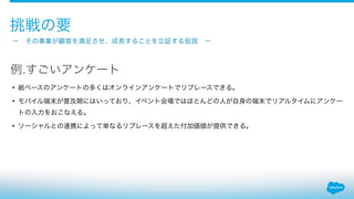 • 紙ベースのアンケートの多くはオンラインアンケートでリプレースできる。
• モバイル端末が普及期にはいっており、イベント会場ではほとんどの人が自身の端末でリアルタイムにアンケー
トの入力をおこなえる。
• ソーシャルとの連携によって単なるリプレースを超えた付加価値が提供できる。
挑戦の要
例.すごいアンケート
ー その事業が顧客を満足させ、成長することを立証する仮説 ー
 