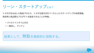 トヨタが生み出した製造プロセス、トヨタ生産方式をベースとしたスタートアップの成長理論。
高効率に高品質なプロダクトを製造できることが特徴。
!
• ジャストインタイム方式
• 一個流し、アンドン
リーン・スタートアップとは？
結果として、無駄を徹底的に排除する。
 