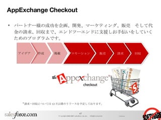 AppExchange Checkout パートナー様の成功を企画、開発、マーケティング、販売　そして代金の請求、回収まで、エンドツーエンドに支援しお手伝いをしていくためのプログラムです。 * 請求・回収については 12 月以降のリリースを予定しております。 アイデア 作成 掲載 プロモーション 　販売 　請求 　回収 