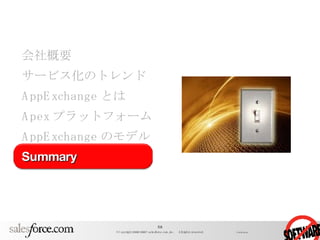 会社概要 サービス化のトレンド AppExchange とは Apex プラットフォーム AppExchange のモデル Summary 