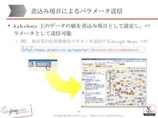 差込み項目によるパラメータ送信 Salesforce 上のデータの値を差込み項目として設定し、パラメータとして送信可能 例） 取引先の住所情報をパラメータ送信する Google Maps へのリンク 開発 http://maps.google.co.jp/maps?q= {!Account.BillingAddress} 