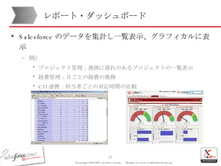 レポート・ダッシュボード Salesforce のデータを集計し一覧表示、グラフィカルに表示 例） プロジェクト管理：進捗に遅れのあるプロジェクトの一覧表示 経費管理：月ごとの経費の推移 CTI 連携：担当者ごとの対応時間の比較 開発 