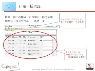 日報一括承認 概要：部下の作成した日報を一括で承認 開発元：株式会社ユー・エス・イー カスタムオブジェクト によって日報データを管理 S コントロール・ Web タブ によって一括承認画面を作成 ネイティブ 