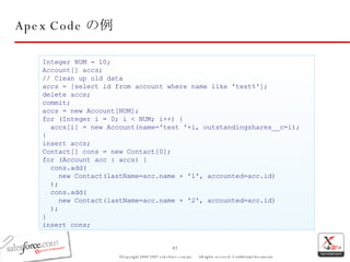Apex Code の例 Integer NUM = 10;  Account[] accs;  // Clean up old data  accs = [select id from account where name like 'test%']; delete accs; commit; accs = new Account[NUM]; for (Integer i = 0; i < NUM; i++) { accs[i] = new Account(name='test '+i, outstandingshares__c=i);  }  insert accs; Contact[] cons = new Contact[0];  for (Account acc : accs) { cons.add(   new Contact(lastName=acc.name + '1', accounted=acc.id)   );  cons.add( new Contact(lastName=acc.name + '2', accounted=acc.id)   );  }  insert cons;  