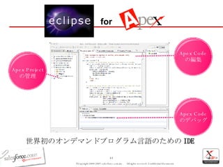 世界初のオンデマンドプログラム言語のための IDE for Apex Code の編集 Apex Code のデバッグ Apex Project の管理 