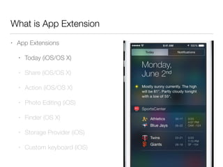 What is App Extension
• App Extensions
• Today (iOS/OS X)
• Share (iOS/OS X)
• Action (iOS/OS X)
• Photo Editing (iOS)
• Finder (OS X)
• Storage Provider (iOS)
• Custom keyboard (iOS)
 