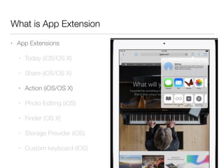 What is App Extension
• App Extensions
• Today (iOS/OS X)
• Share (iOS/OS X)
• Action (iOS/OS X)
• Photo Editing (iOS)
• Finder (OS X)
• Storage Provider (iOS)
• Custom keyboard (iOS)
 