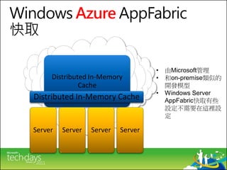 Windows Azure AppFabric
快取

                                       •   由Microsoft管理
        Distributed In-Memory          •   和on-premise類似的
                 Cache                     開發模型
                                       •   Windows Server
   Distributed In-Memory Cache             AppFabric快取有些
                                           設定不需要在這裡設
                                           定

   Server   Server   Server   Server
 