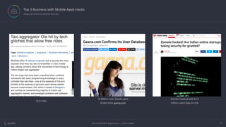 Securing Mobile Applications - Subho HalderAppfest 11
Top 3 Business with Mobile Apps Hacks
 Always be Proactive towards Security
OLA Cabs
IMAGE PLACEHOLDER
10 Million User Details were
Stolen from gaana.com
IMAGE PLACEHOLDER
Zomato Hacked with 62.5
million users data on risk
 